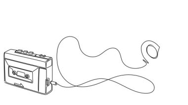 Stereo kulaklıklı taşınabilir kasetçalar ve çizgi sanat animasyonunun sürekli çizimi