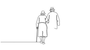 Yaşlı çiftin kol kola köpek gezdirirken çizdiği çizgi animasyonu.