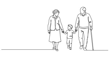 Üst düzey çiftlerin torunlarıyla el ele yürüdükleri çizgiler, çizgi çizimleri.