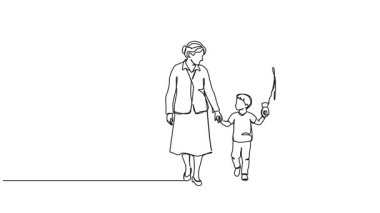 Yaşlı çiftin torunlarıyla el ele yürüdükleri çizgi çizimleri, çizgi çizimleri.