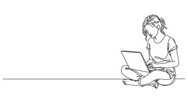 Dizüstü bilgisayarla yerde oturan genç bir kadının durmaksızın çizdiği çizgi çizimi.