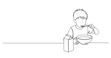 Kahvaltıda mısır gevreği yiyen çocuk çizgileri, çizgili sanat vektörü çizimleri