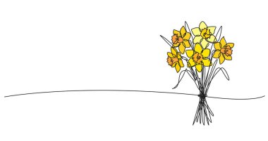 Bir demet narsisli çiçeğin, nergis buketinin, sanat çizgisi çiziminin aralıksız çizimleri.