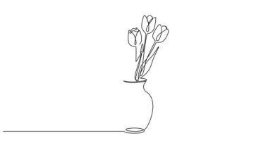 Çiçek vazosunda farklı renklerde lale çizimleri, çizgi sanat animasyonları