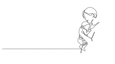 Yeni doğmuş bebeği rahatlatan anne çizgi çizimi, çizgi sanatı animasyonu