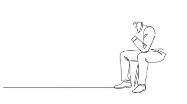 Animasyon çizgisi. Üzgün bir adamın elinde yüzünü saklaması, çizgi sanatı animasyonu.