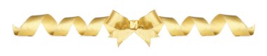 Parlak altın kıvrımlı kurdeleli kurdele. Beyaz arkaplanda uzun bir sınır izole edildi.