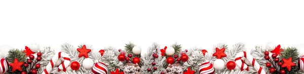 Long Christmas Border Red White Ornaments Frosty Branches Isolated White — Stock Photo, Image