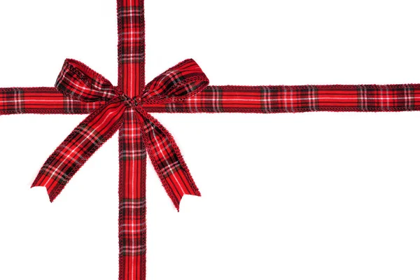 Arco Presente Natal Xadrez Vermelho Fita Arranjada Como Caixa Presente — Fotografia de Stock