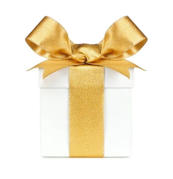 White Gift Box Wrapped Shiny Gold Bow Ribbon Isolated White — Stock Photo, Image