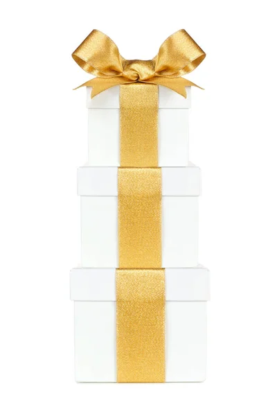 Stacked White Gift Boxes Wrapped Shiny Gold Ribbon Bow Isolated — Stock Photo, Image