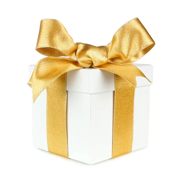 White Gift Box Wrapped Shiny Gold Ribbon Bow Isolated White — Stock Photo, Image