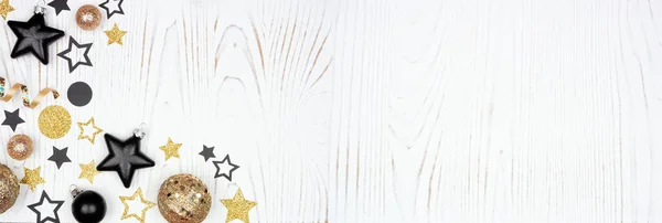 Silvestrovský Rohový Rámeček Zlatých Černých Konfety Hvězd Dekorací Stuh Pohled — Stock fotografie