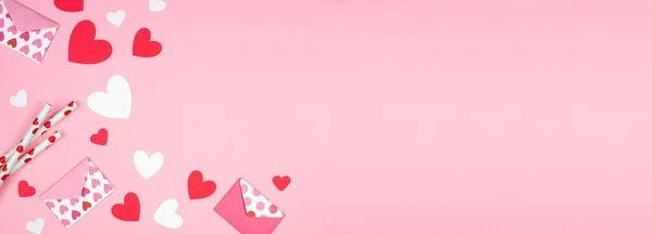 Valentijnsdag Hoek Grens Van Hart Decoraties Bovenaanzicht Een Roze Banner — Stockfoto