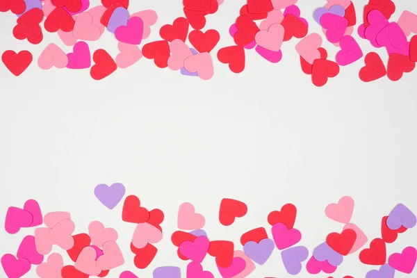 Valentines Day Double Border Paper Heart Confetti Top View White — Stock Photo, Image