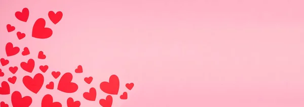 Valentines Day Corner Border Red Paper Hearts Overhead View Pink — Stock Photo, Image