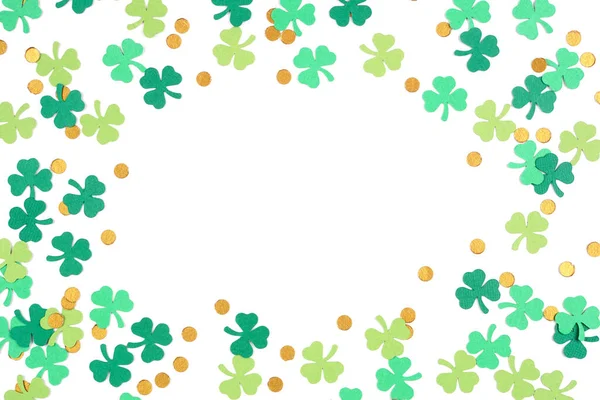 Patricks Day Shamrock Gouden Munt Confetti Frame Geïsoleerd Een Witte — Stockfoto