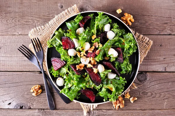 Healthy Kale Beet Salad Cheese Walnuts View Table Scene Rustic — Stock Photo, Image