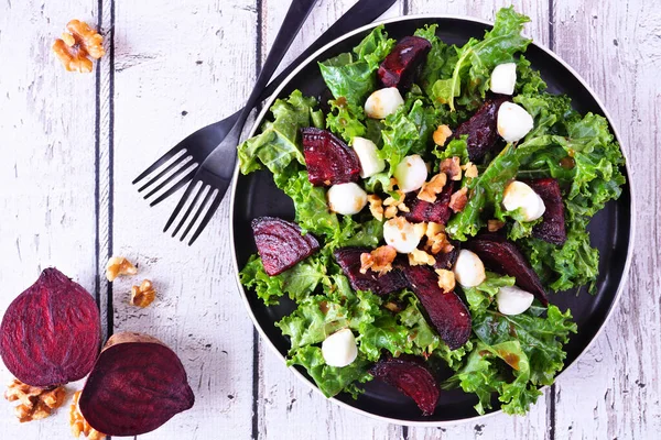 Healthy Kale Beet Salad Cheese Walnuts Top View Table Scene — Stock Photo, Image