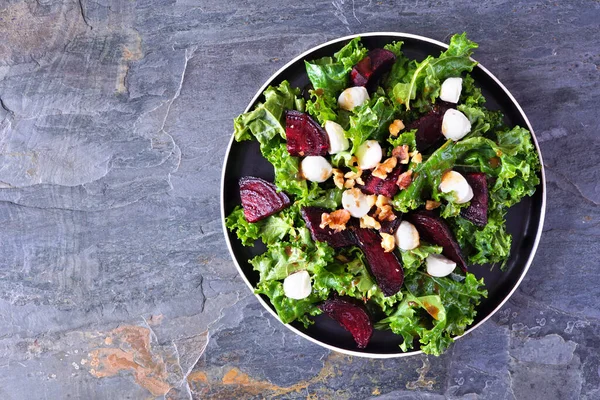 Healthy Kale Beet Salad Cheese Walnuts Top View Dark Slate — Stock Photo, Image