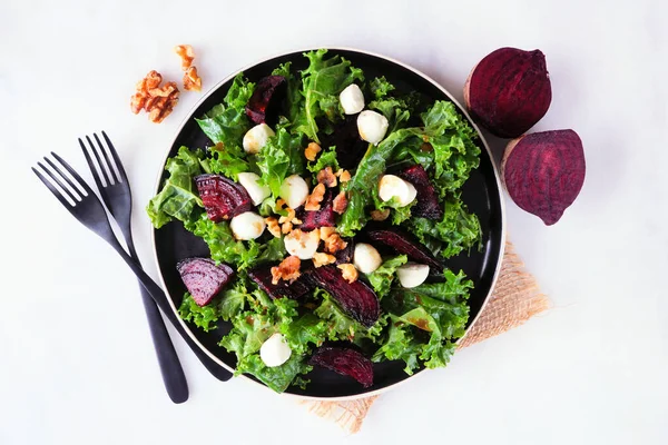 Healthy Kale Beet Salad Cheese Walnuts View Table Scene White — Stock Photo, Image