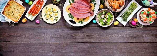 Traditional Easter Ham Dinner View Top Dark Wood Banner Background — Stock Photo, Image