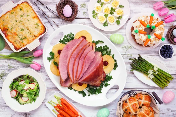 Traditional Easter Ham Dinner Top View Table Scene White Wood — Stock Photo, Image