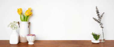 Rafta ev dekorasyonu. Vazolar, bahar çiçekleri, sulu bitkiler ve dallar. Beyaz bir duvara karşı ahşap bir raf. Kopyalama alanı olan pankart.
