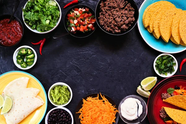 Taco Bar Frame Assorted Ingredients View Dark Slate Background Mexican — Stock Photo, Image