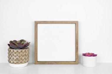 Mor sulu bitkilerle ahşap kare çerçeve yap. Beyaz bir duvara karşı beyaz bir raf. Boşluğu kopyala.