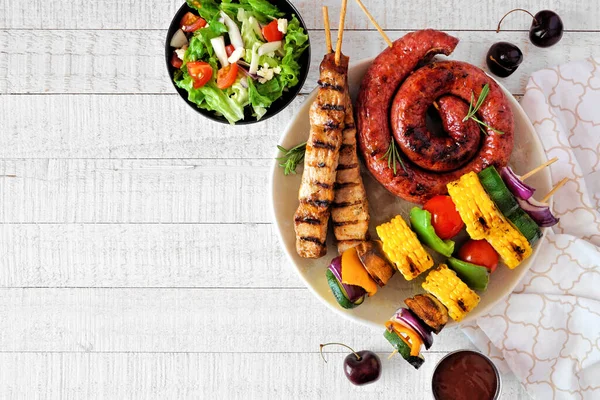 Bbq Sausage Pork Skewers Vegetable Kebabs Salad View Table Scene — Stock Photo, Image