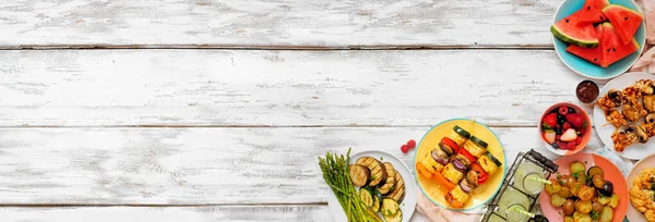 Vegan Zomer Bbq Picknick Hoek Grens Bovenaanzicht Een Witte Houten — Stockfoto