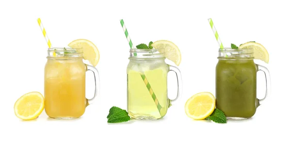 Set Summer Iced Green Teas Mason Jar Glasses Isolated White — Stock Photo, Image