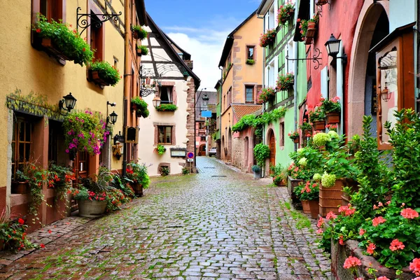 Malerische Bunte Kopfsteinpflastergasse Der Elsässischen Stadt Riquewihr Frankreich — Stockfoto