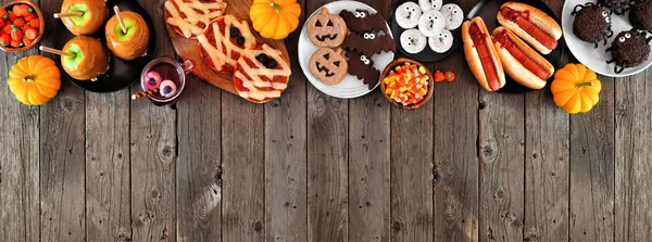 Halloween Party Food Top Border Rustic Wood Banner Background Copy — Stock Photo, Image