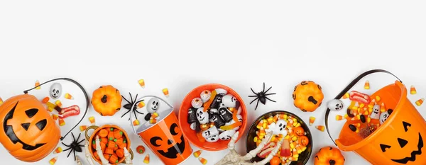 Halloween Trick Treat Bottom Border Jack Lantern Pails Variety Candy — Stock Photo, Image