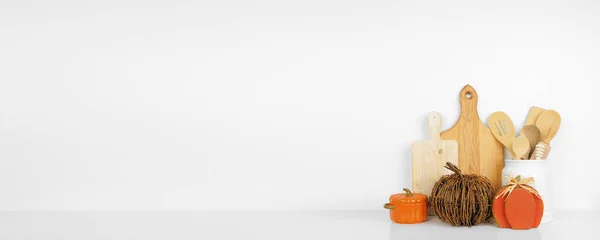 Autumn Theme Kitchenware Utensils Pumpkin Decor White Shelf Counter Banner — Stock Photo, Image