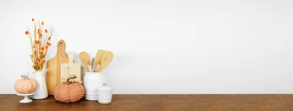 Fall Theme Kitchenware Utensils Decor Wood Shelf Counter Banner White — Stock Photo, Image