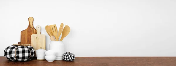 Fall Theme Kitchenware Utensils Modern Farmhouse Decor Wood Shelf Counter — Stock Photo, Image