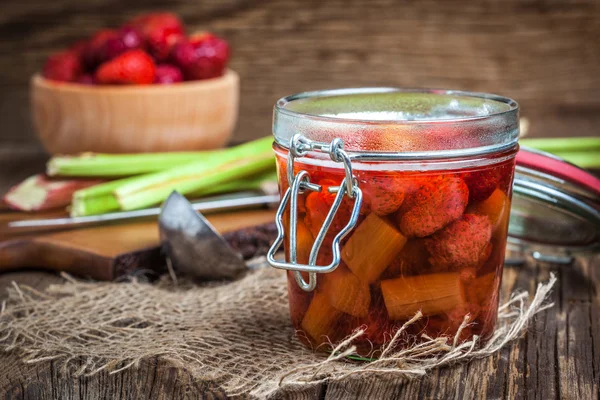 Homemade compote of rhubarb and strawberries. — Stock Photo, Image