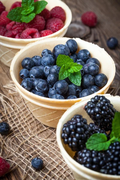 Blackberries, raspberries and blueberries in a waffle bowls. — Stock Photo, Image