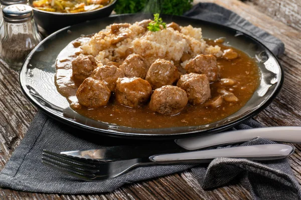 Minced Meat Balls Mushroom Sauce Served Boiled Bulgur — Stock Photo, Image