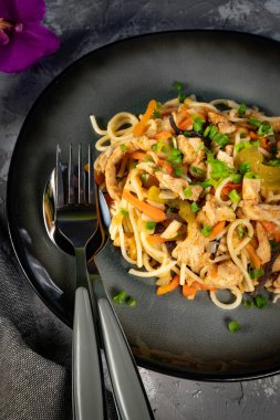 Tavuk ve sebzeli kızarmış erişte. Tavuk chow mein.