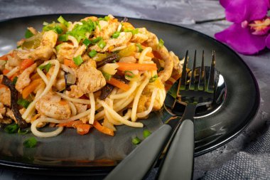 Tavuk ve sebzeli kızarmış erişte. Tavuk chow mein.