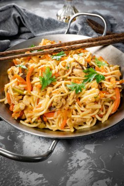 Tavuk ve sebzeli kızarmış erişte. Tavuk chow mein.