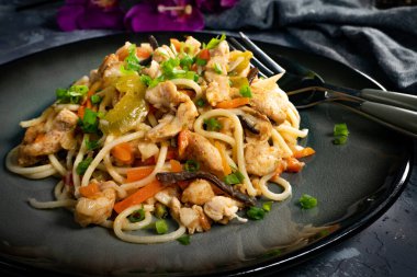 Tavuk ve sebzeli kızarmış erişte. Tavuk chow mein.