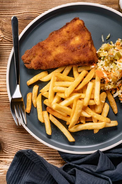 Fried Cod Fillet Fries Salad Blue Plate Top View — Stock Photo, Image