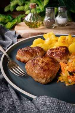 Tabakta patates kızartmasıyla servis edilen köfteler..