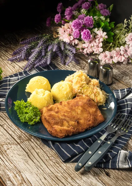 Breaded Fish Potato Salad Sauerkraut Dinner Selective Focus — Stock Photo, Image