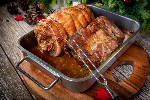 Baked Bacon Roulade Roasted Pork Neck Metal Roasting Pan — Stock Photo, Image